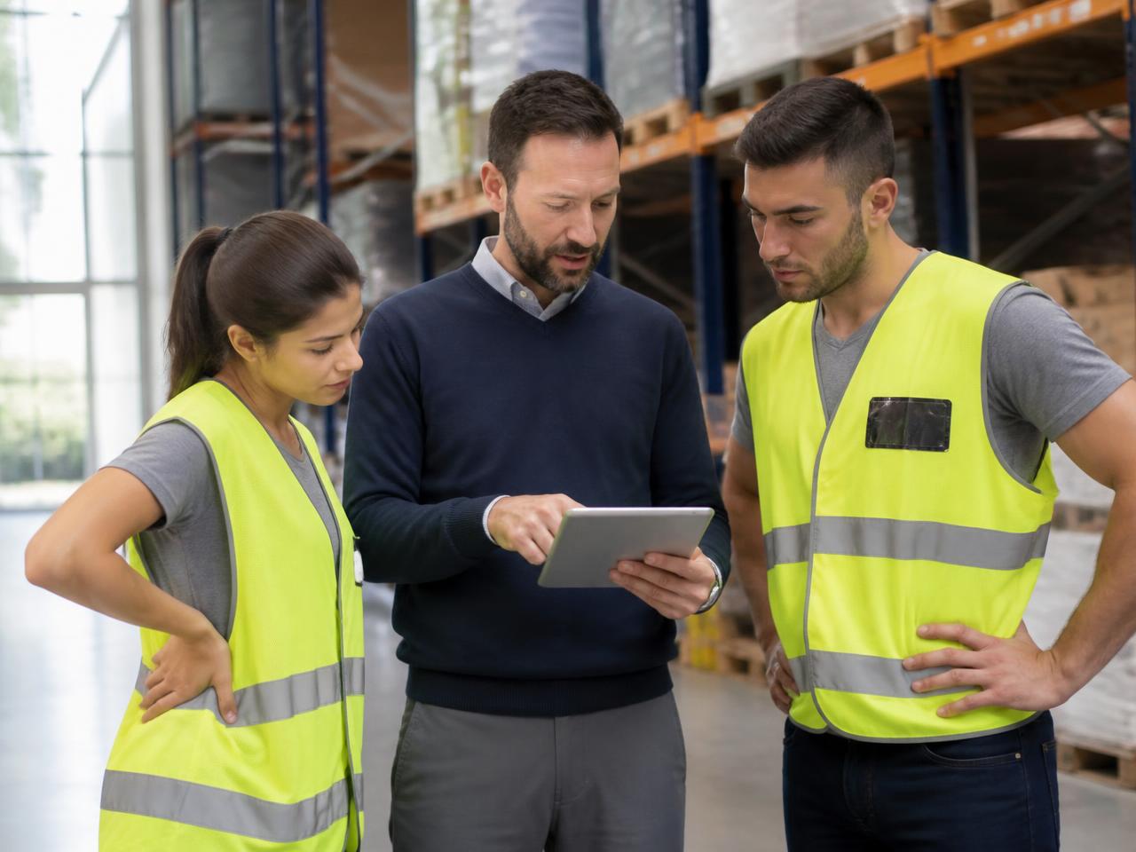 Logistiek consultant overlegt met warehouse-medewerkers